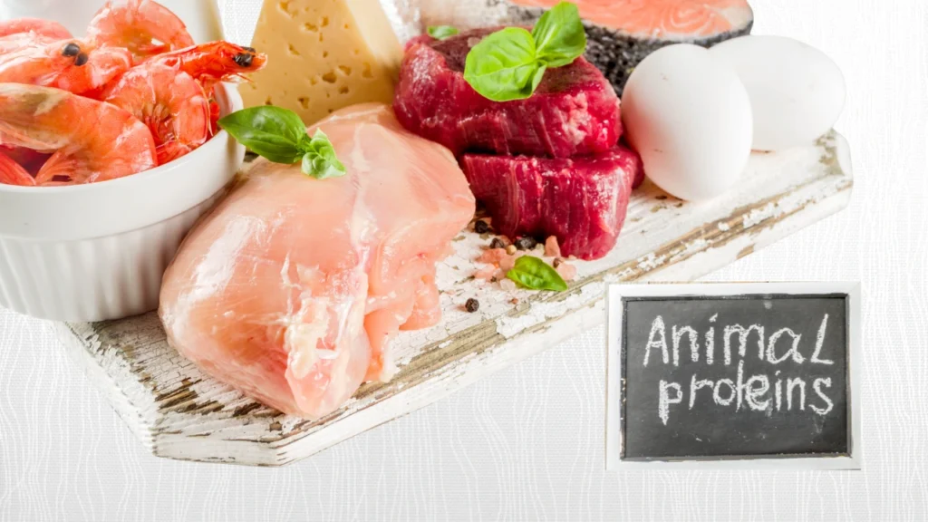 "Assorted animal protein sources with a sign reading 'Animal proteins