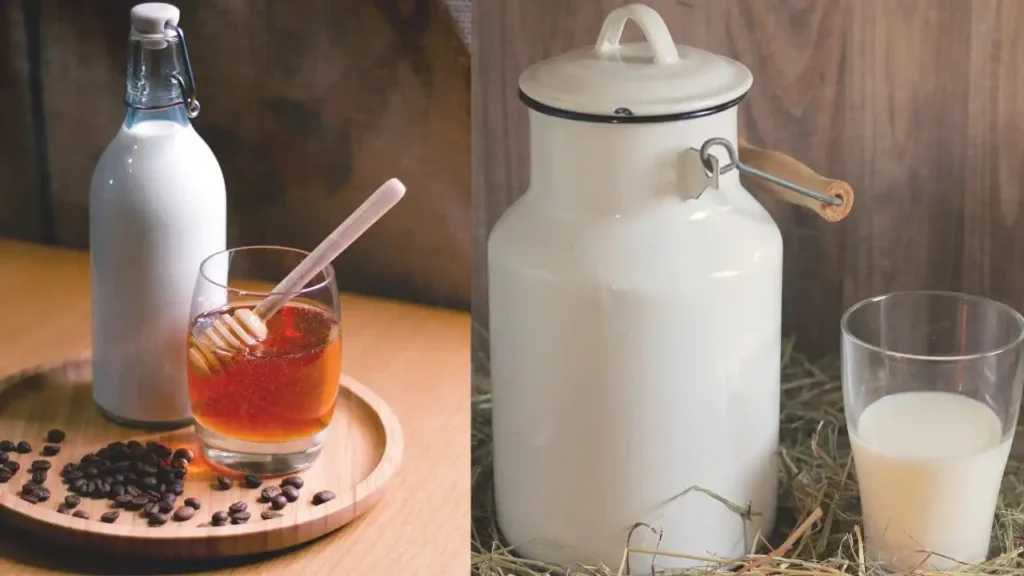 Traditional cow milk containers and glasses with honey and coffee beans on a wooden surface.