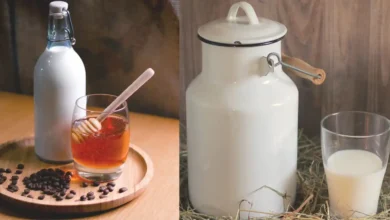 Traditional cow milk containers and glasses with honey and coffee beans on a wooden surface.