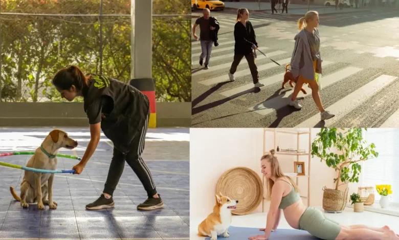 People exercising with dogs indoors, outdoors, and at home